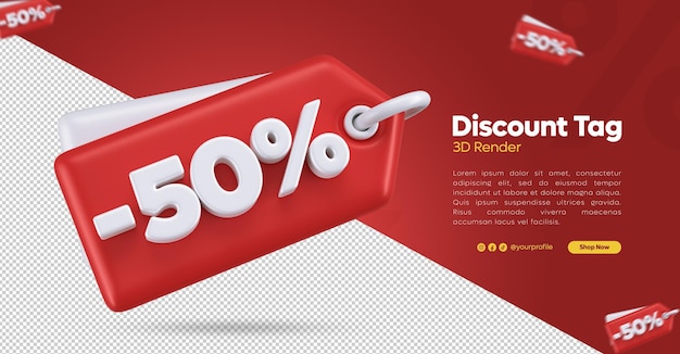 Representación 3D del precio de descuento rojo y blanco 50 por ciento de descuento