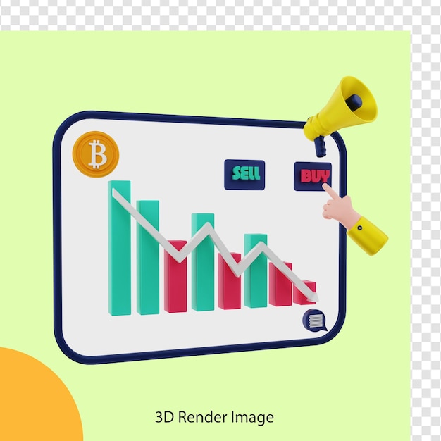 PSD representación 3d del precio de la moneda criptográfica de bitcoin de compra a medida que cae