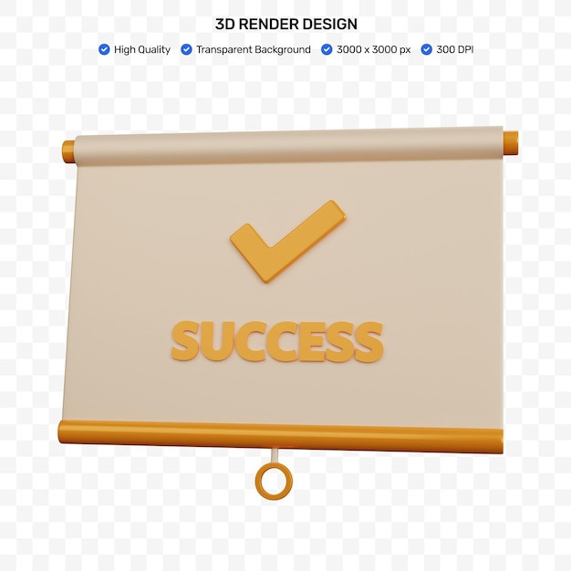 Representación 3d Presentación de ilustraciones con una marca de verificación y éxito de escritura aislado