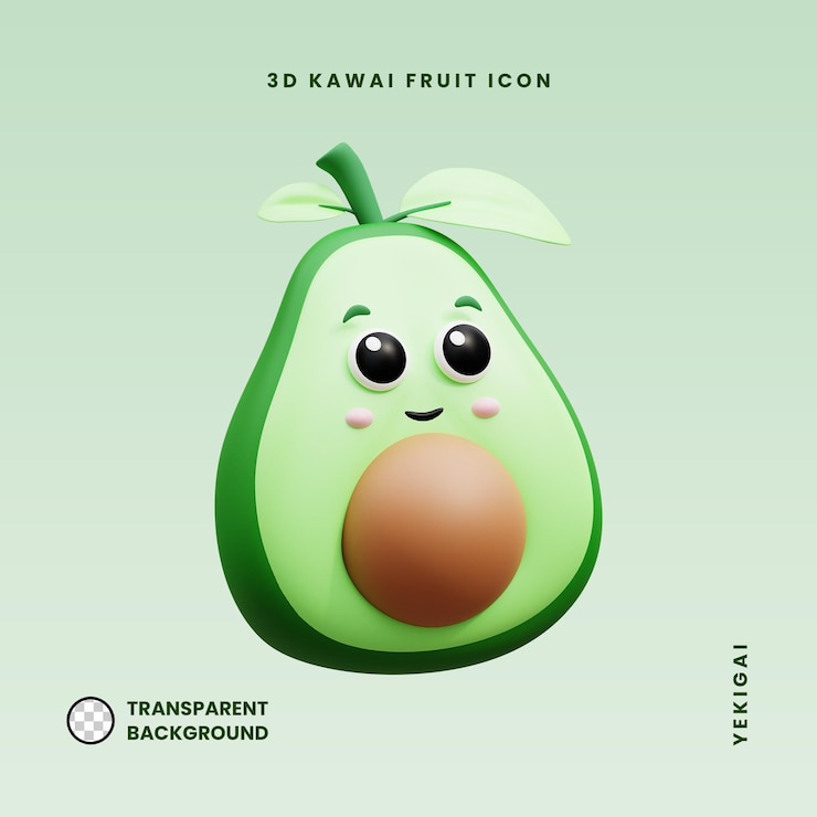 PSD representación 3d psd premium en la ilustración de la mascota de la fruta de aguacate kawaii