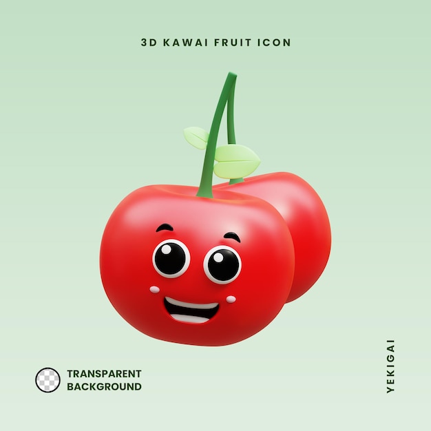 Representación 3d psd premium en la ilustración de la mascota de la fruta de cereza kawaii
