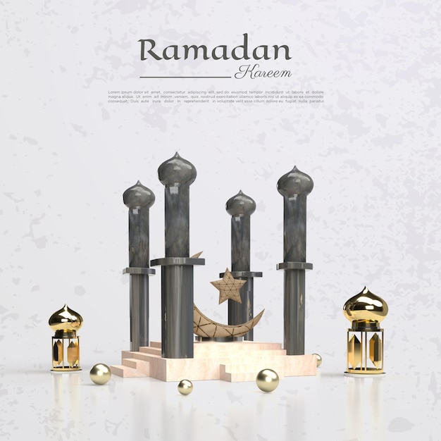 PSD representación 3d de ramadan kareem con mezquita luna y estrellas ilustraciones