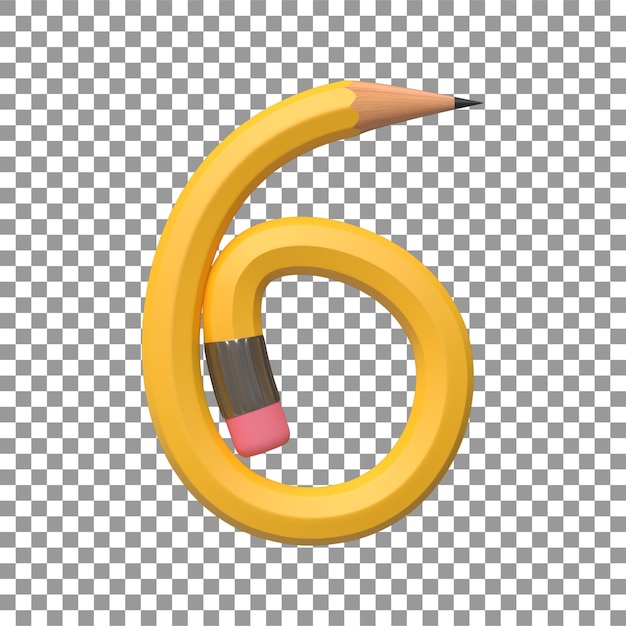 Representación 3D realista del alfabeto número 6 en forma de lápiz en color amarillo, imagen de alta calidad para gr