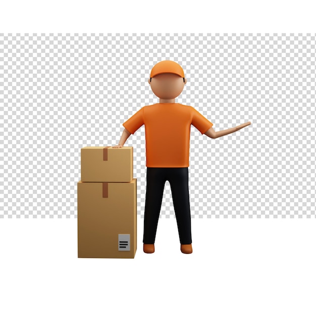 Representación 3D de un repartidor sin rostro de pie con cajas de mensajería sobre fondo blanco Png