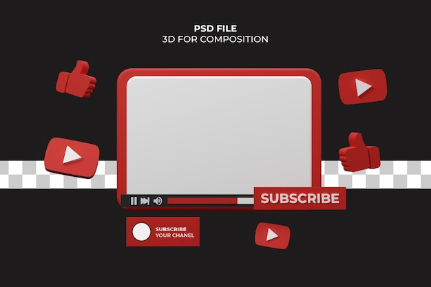 Representación 3d reproductor de video de youtube premium psd