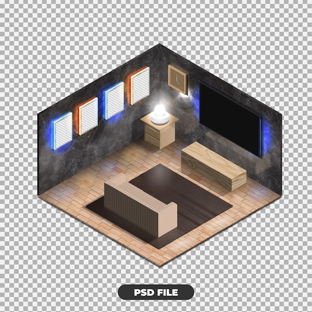 Representación 3d de la sala de estar de estilo isométrico