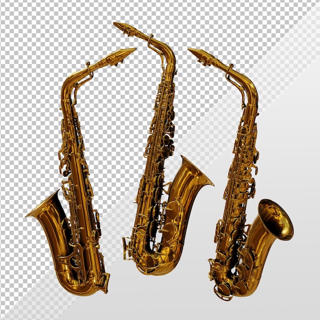 Representación 3d de saxofón instrumento de viento vista en perspectiva de color dorado dorado brillante