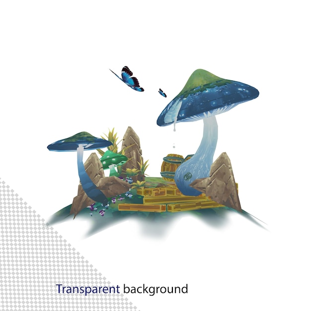 Representación 3D de setas y mariposas coloridas con fondo transparente