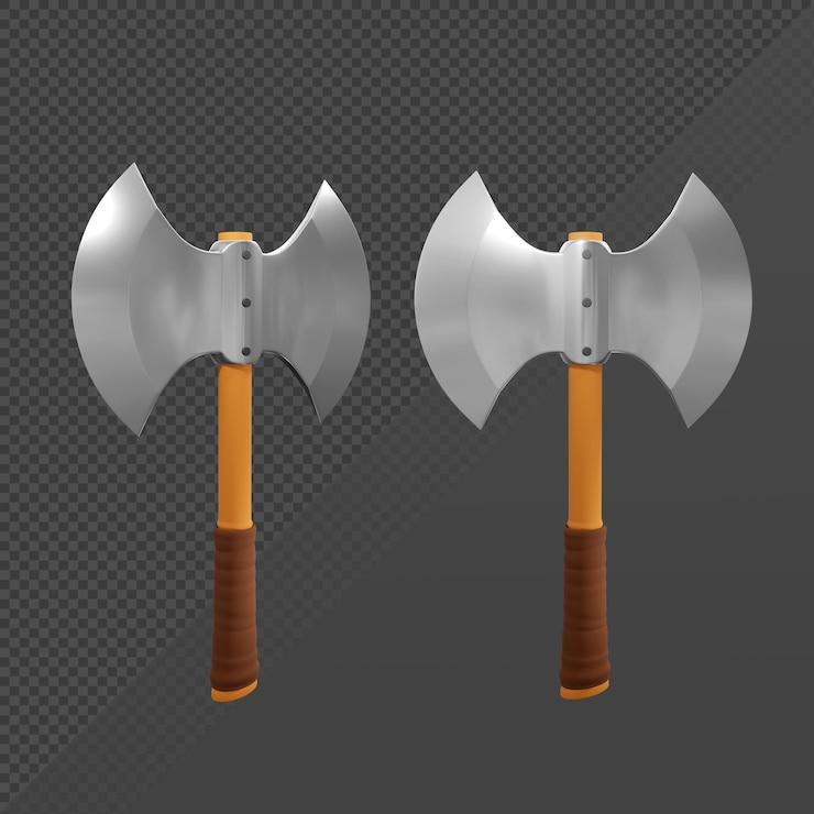 PSD representación 3d, simple, limpio, hacha de batalla, hacha, frontal, y, perspectiva, ángulo de visión