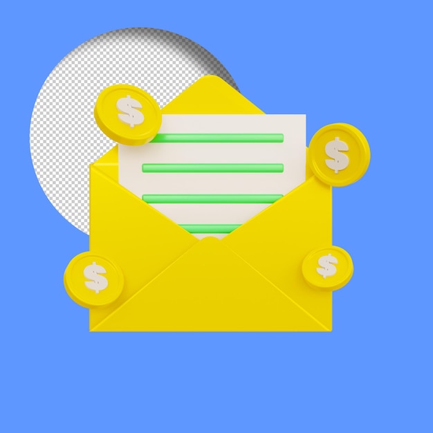 Representación 3D de un sobre con una factura de papel y un documento de monedas transacciones financieras Ilustración con