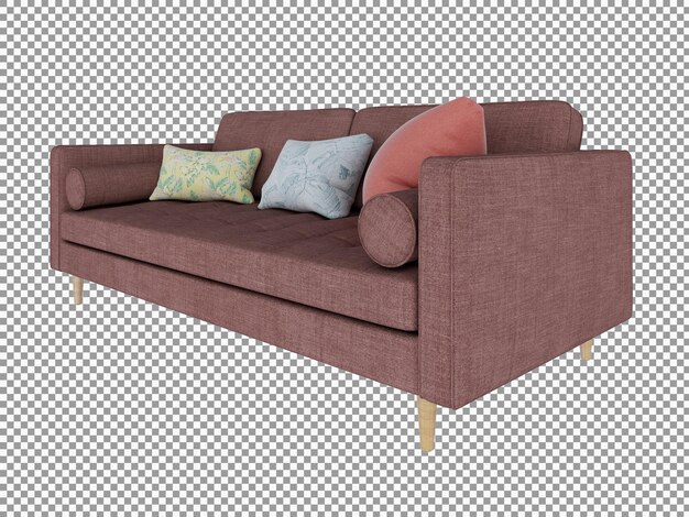 Representación 3D de un sofá de tela roja minimalista con interior de madera aislado