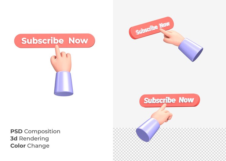 PSD representación 3d suscríbase ahora botón cta con concepto de mano