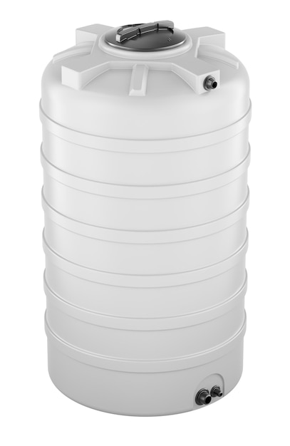 Representación en 3D del tanque de agua de plástico vertical blanco aislado sobre un fondo transparente