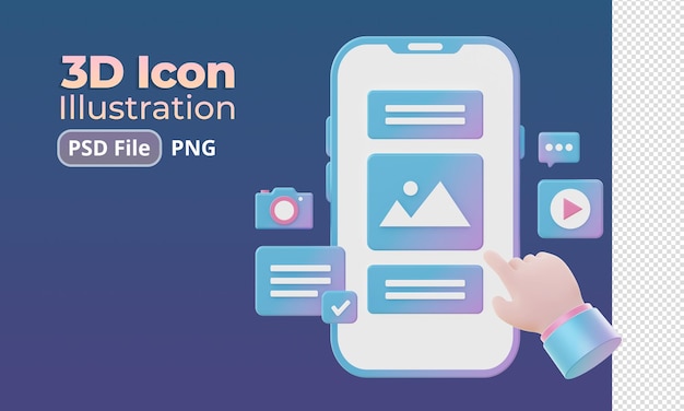 Representación 3d del teléfono inteligente degradado con imagen de video e iconos de ilustración de cámara para UI UX web mobile