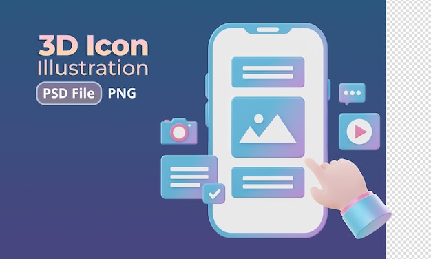 PSD representación 3d del teléfono inteligente degradado con imagen de video e iconos de ilustración de cámara para ui ux web mobile