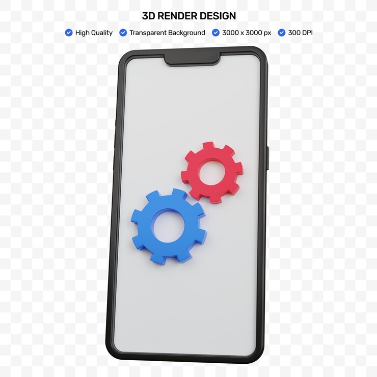 PSD representación 3d de un teléfono inteligente negro con dos íconos de engranajes azules y rojos aislados