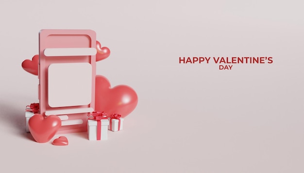 Representación 3D de teléfono de San Valentín con caja de regalo y corazón