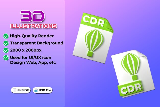 Representación 3d de tipo de archivo cdr sobre fondo transparente tendencia web y aplicación de diseño de iconos ui ux