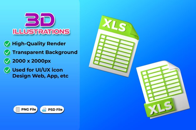 PSD representación 3d de tipo de archivo xls sobre fondo transparente tendencia web y aplicación de diseño de iconos ui ux