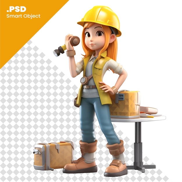PSD representación 3d de una trabajadora de la construcción con casco y cinturón de herramientas plantilla psd