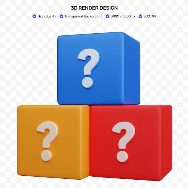 Representación 3d de tres bloques de colores con el icono de signo de interrogación aislado