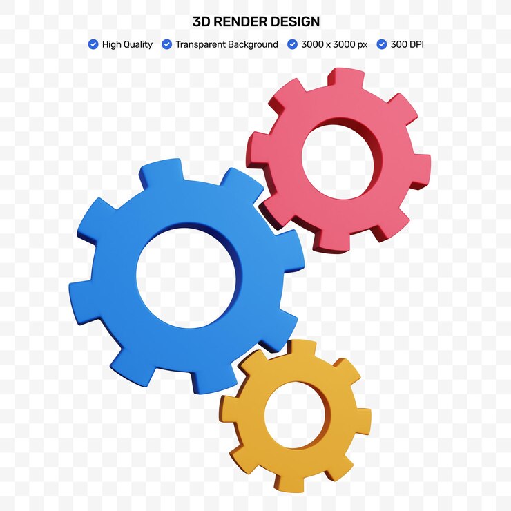 PSD representación 3d de tres engranajes con diferentes colores aislados