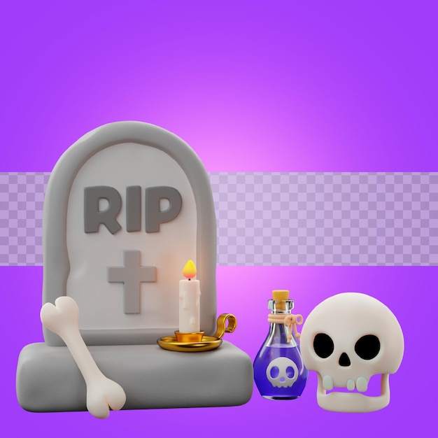 PSD representación 3d de la tumba de halloween con el icono de calavera y poción mágica