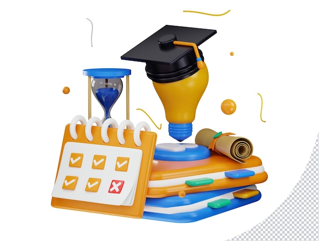 Representación 3d de útiles escolares azules y amarillos con un reloj y un calendario con un gorro de graduación