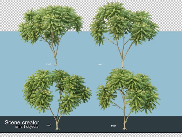 Representación 3D de varias especies de árboles.