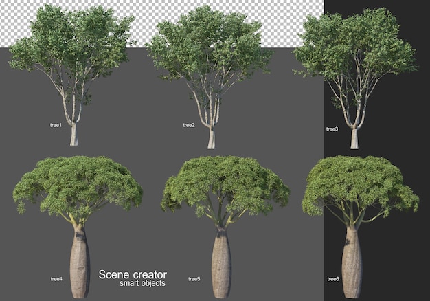Representación 3D, varios diseños de árboles.