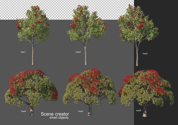 PSD representación 3d, varios diseños de árboles.