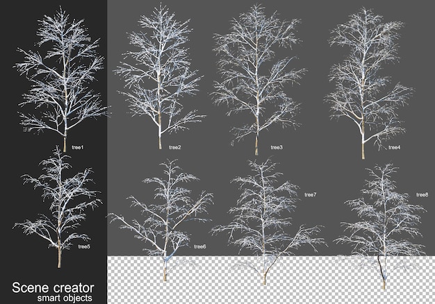 Representación 3d de varios tipos de árboles de invierno