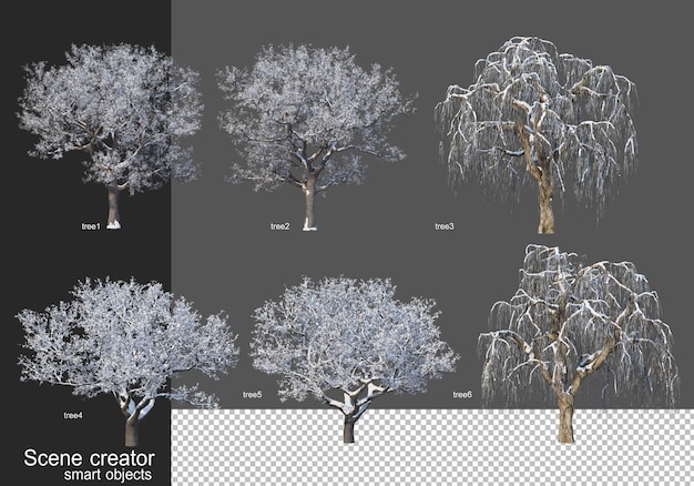 Representación 3D de varios tipos de árboles de invierno