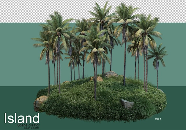 Representación 3D de varios tipos de árboles en la isla.