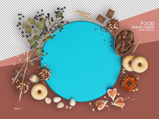 Representación 3D de varios tipos de diseños de alimentos.