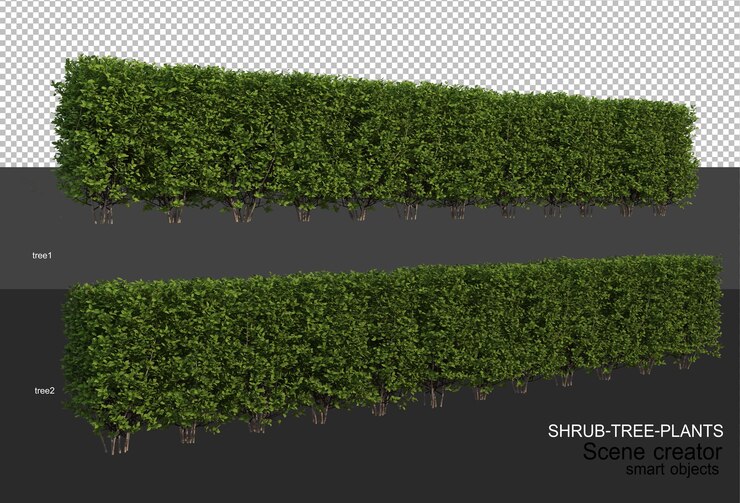 PSD representación 3d de varios tipos de diseños de arbustos.
