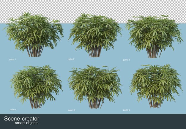Representación 3D de varios tipos de palmeras.