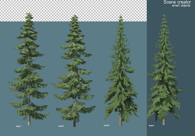 PSD representación 3d de varios tipos de pinos