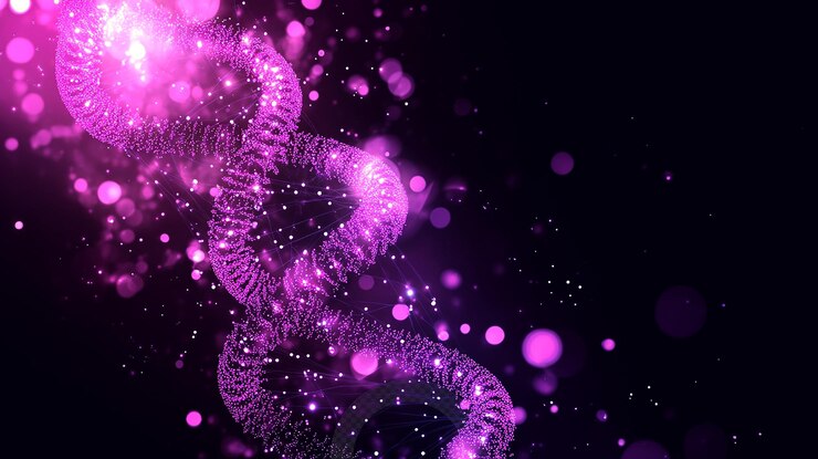 PSD representación abstracta colorida de la estructura del adn con luces vibrantes en un fondo oscuro