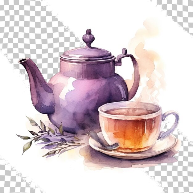 PSD representación en acuarela de una olla grande y una taza de té.