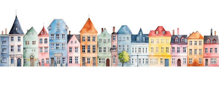 PSD una representación artística de un paisaje urbano con casas de varios colores en la técnica de la acuarela