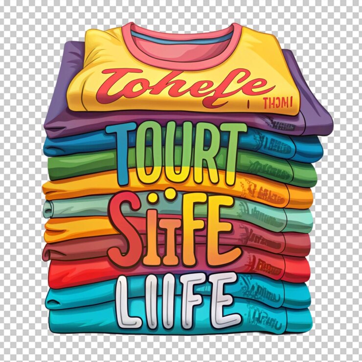 PSD una representación artística de una pila de camisetas coloridas cada una con un gráfico divertido diferente con el título t-shirt life en una fuente lúdica