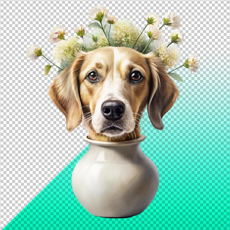 PSD representación de una cabeza de perro en un jarrón sobre un fondo transparente