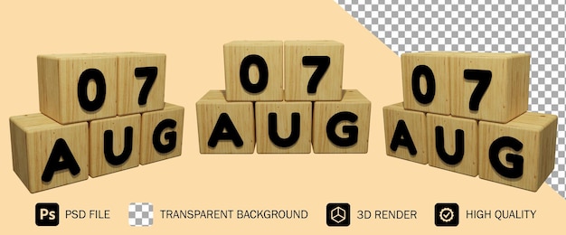 Representación de calendario de madera 3d del 7 de agosto ilustración de concepto premium psd