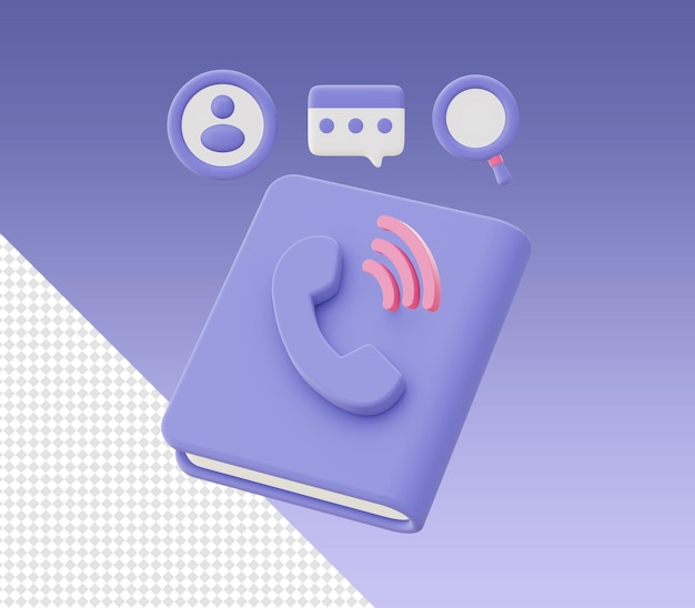 Representación caricaturesca 3d para encontrar el número de teléfono en los iconos de los libros para los diseños de las redes sociales de las aplicaciones móviles web UI UX