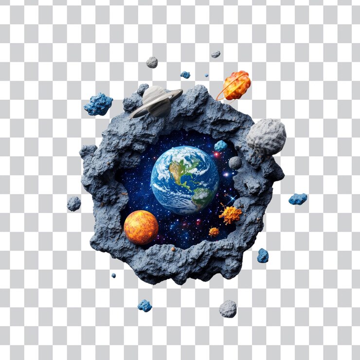 PSD representación colorida de la tierra rodeada de planetas y asteroides en el espacio