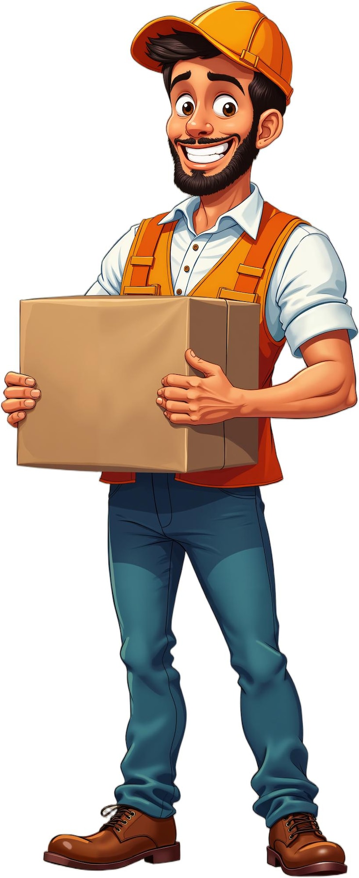 PSD representación de dibujos animados de un repartidor identificable por su chaleco naranja y la caja que sostiene aislado en un fondo transparente