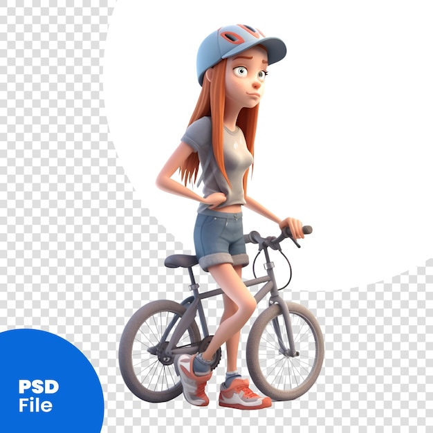 Representación digital 3d de una adolescente con una bicicleta aislada en una plantilla psd de fondo blanco