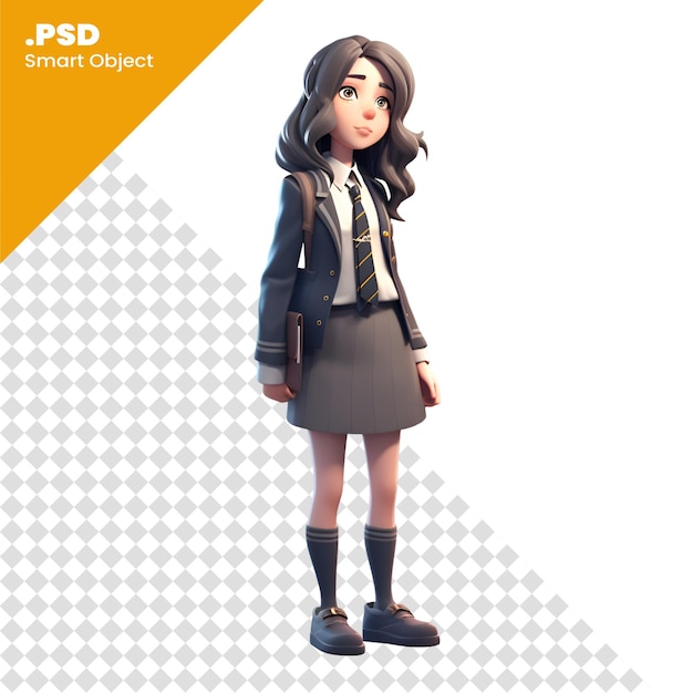 PSD representación digital 3d de una bonita colegiala aislada en una plantilla psd de fondo blanco