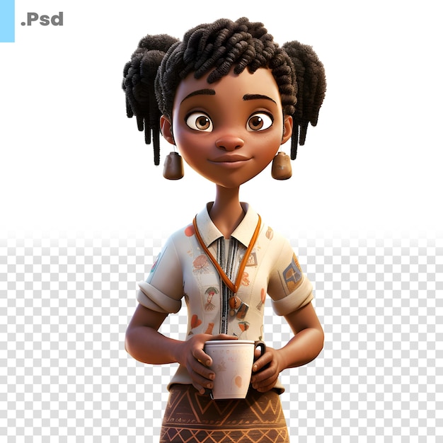 PSD representación digital 3d de una linda chica afroamericana con una taza de café aislada en una plantilla psd de fondo blanco